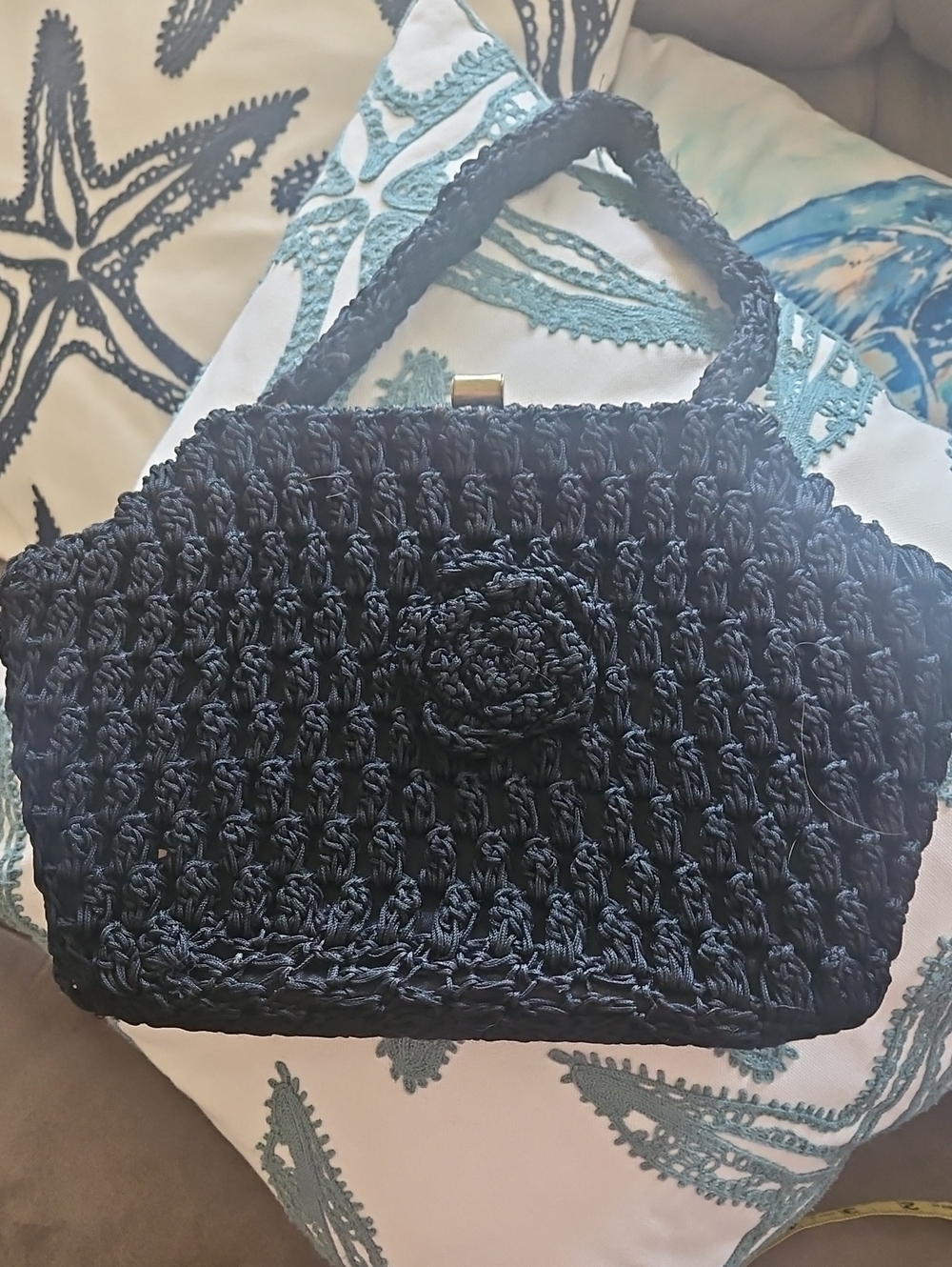 Vintage Black Crocheted Top-Handle Bag